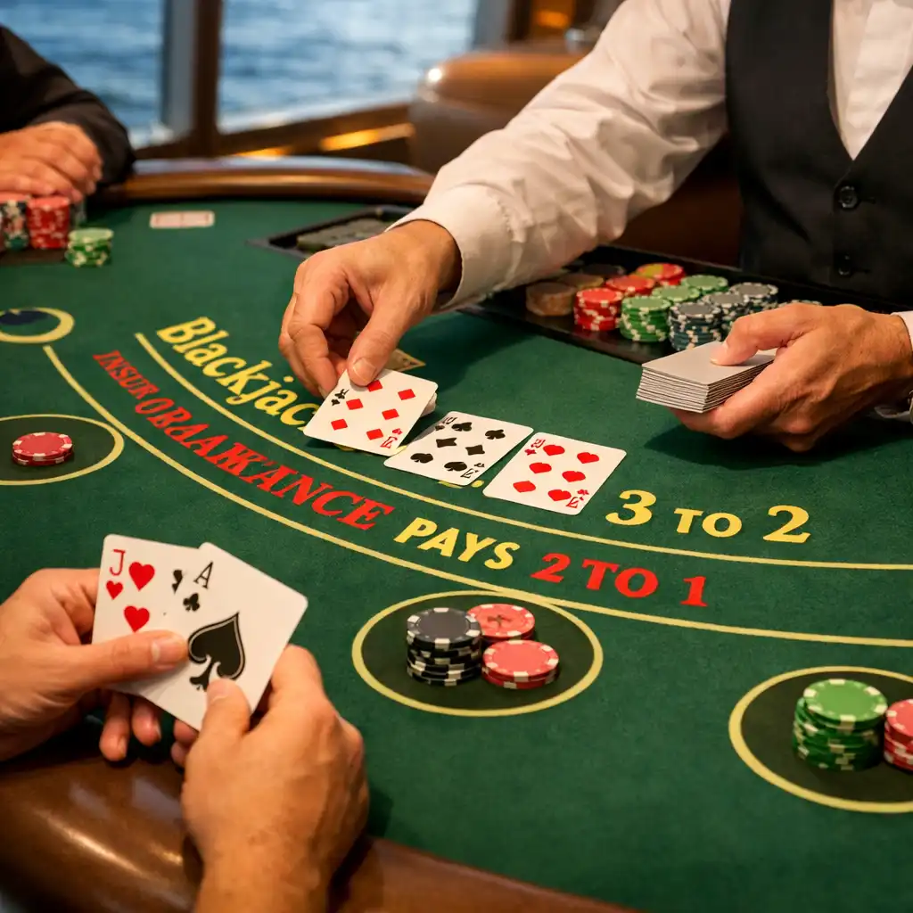 A blackjack table on a cruise ship with a dealer dealing cards and players' hands visible