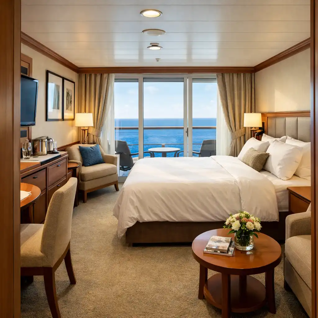 Interior of a cruise ship balcony cabin with bed, sitting area, and ocean view