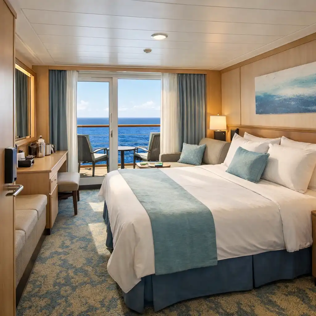 Bright modern cruise ship balcony cabin with bed, sitting area, and ocean-view balcony