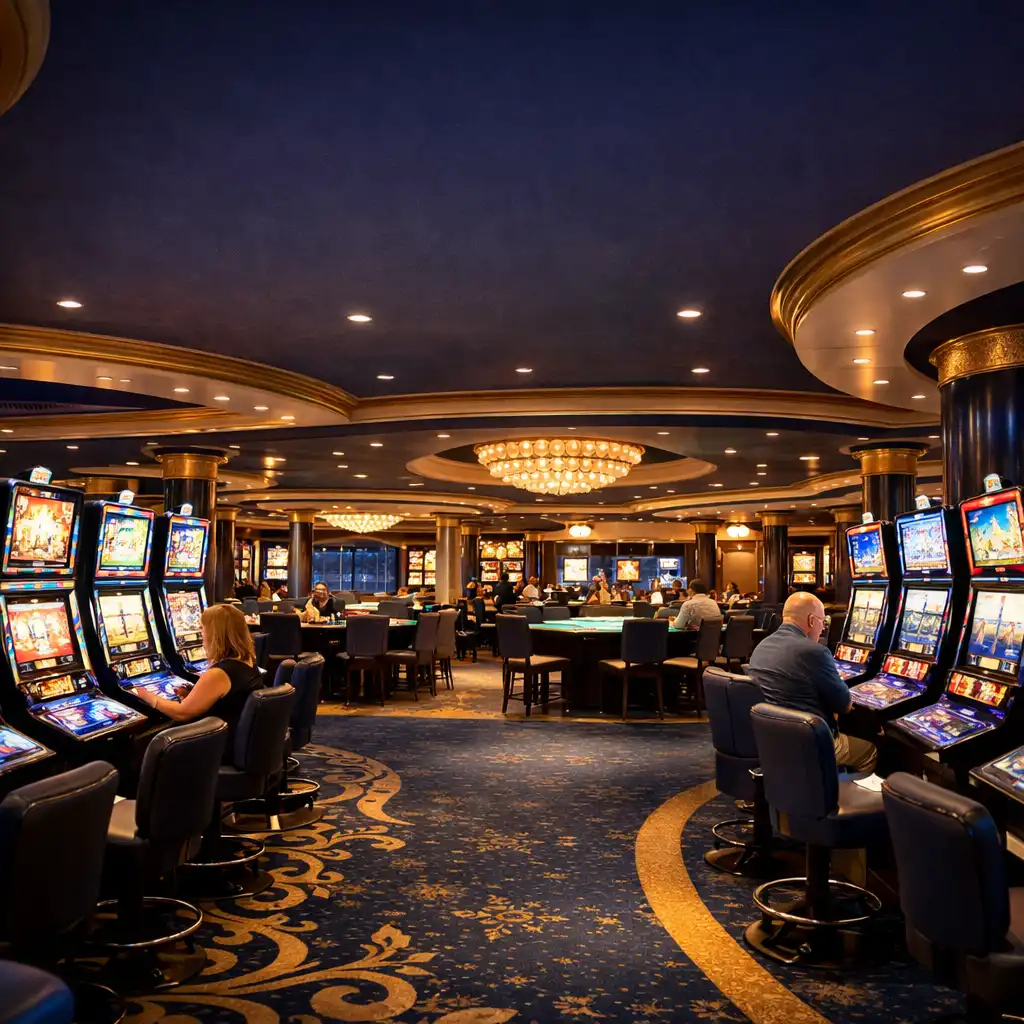 A luxurious cruise ship casino floor at night with rows of glowing slot machines and elegant table games