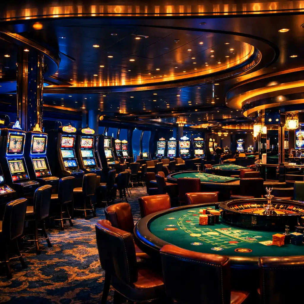 A cruise ship casino floor at night with slot machines and gaming tables