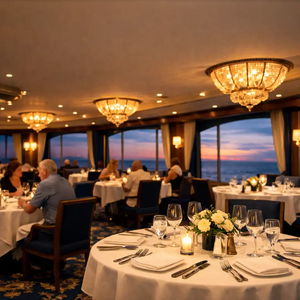 Elegant cruise ship main dining room with round tables, white tablecloths, polished silverware, and ocean views at dusk