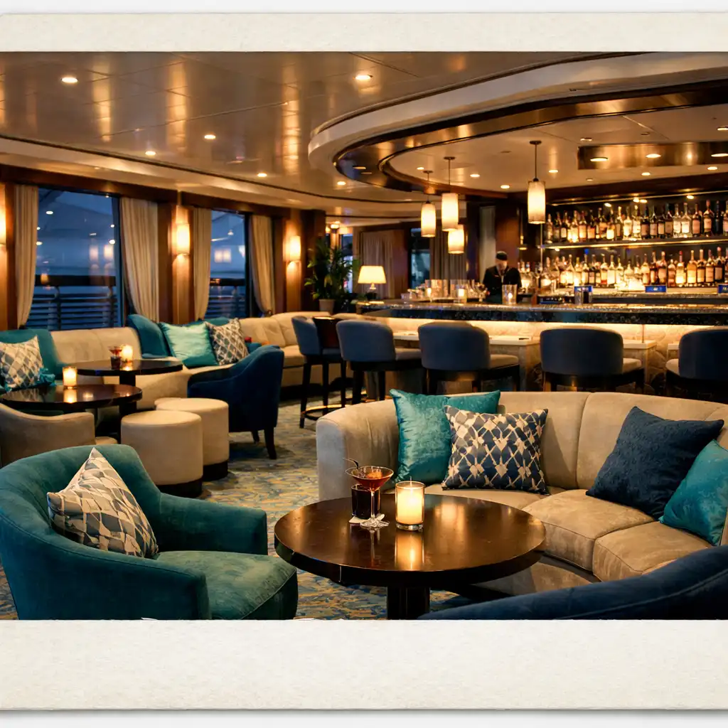 A stylish cruise ship lounge with comfortable seating, ambient lighting, and a bar area