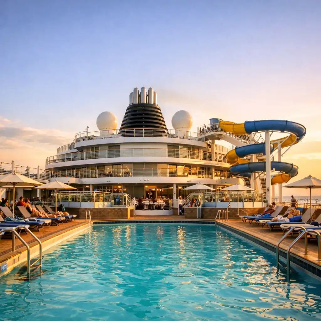 Golden hour view of a modern cruise ship pool deck with turquoise water, loungers, and a water slide