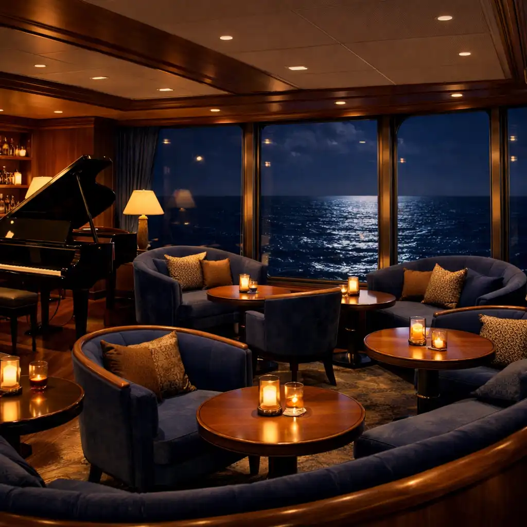 Elegant cruise ship lounge at night with comfortable seating, grand piano, and ocean-view windows