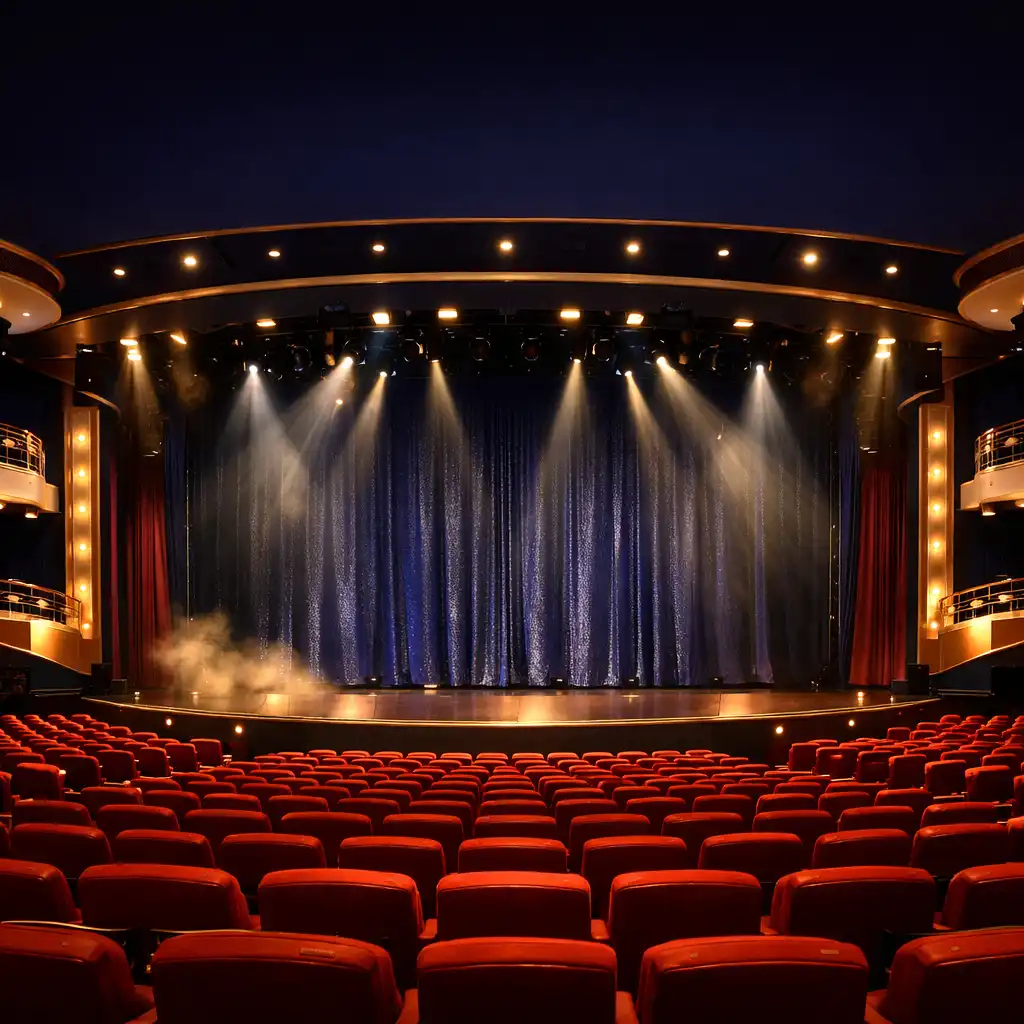 A grand theatre on a modern cruise ship with plush seating and dramatic stage lighting