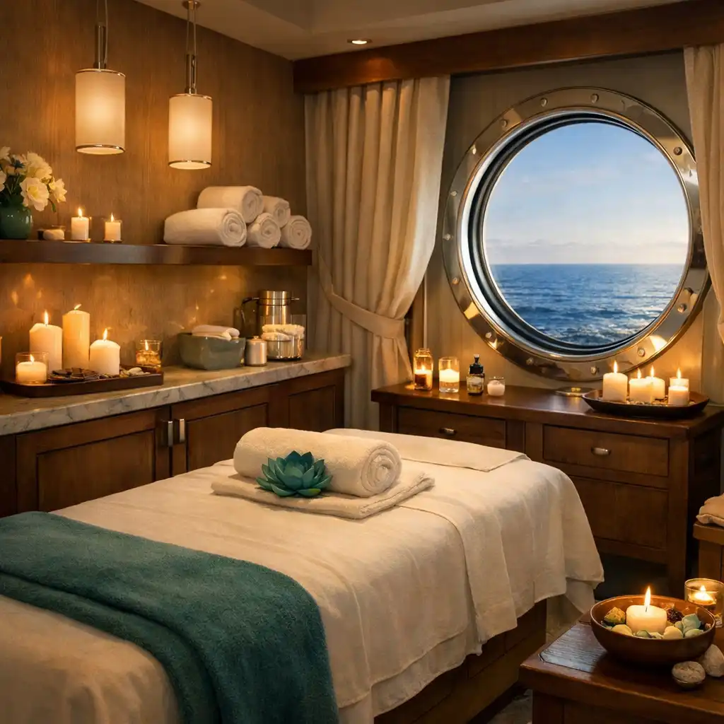 Serene cruise ship spa treatment room with massage table, soft lighting, and porthole window