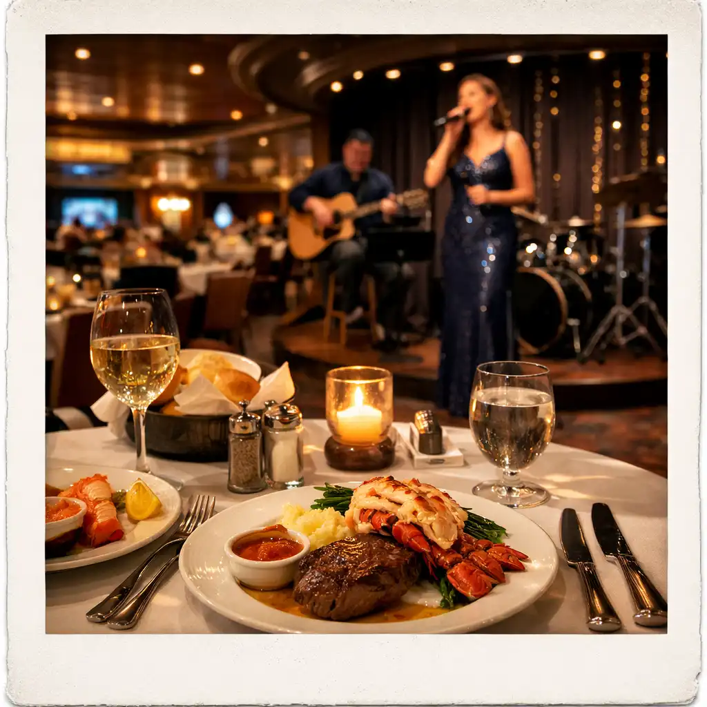 A cruise ship dining venue with live music in the background, showing a table set for dinner and a small stage
