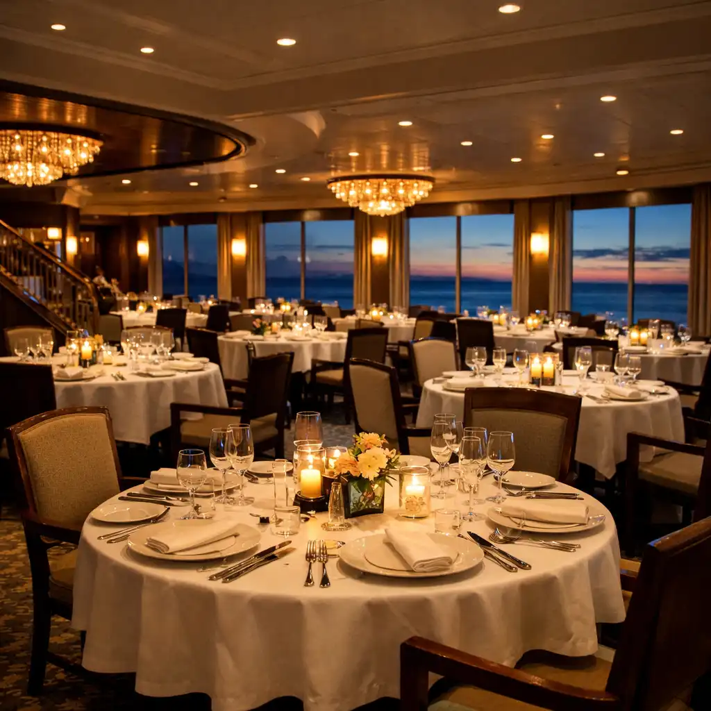 Elegant main dining room on a cruise ship with tables set for dinner
