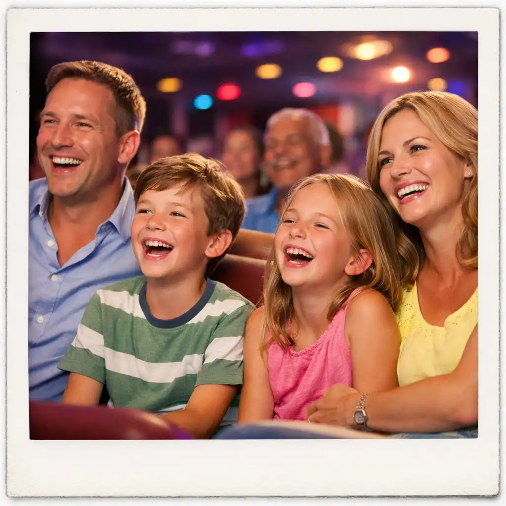 A family enjoying a show on a cruise ship, with children laughing and parents smiling