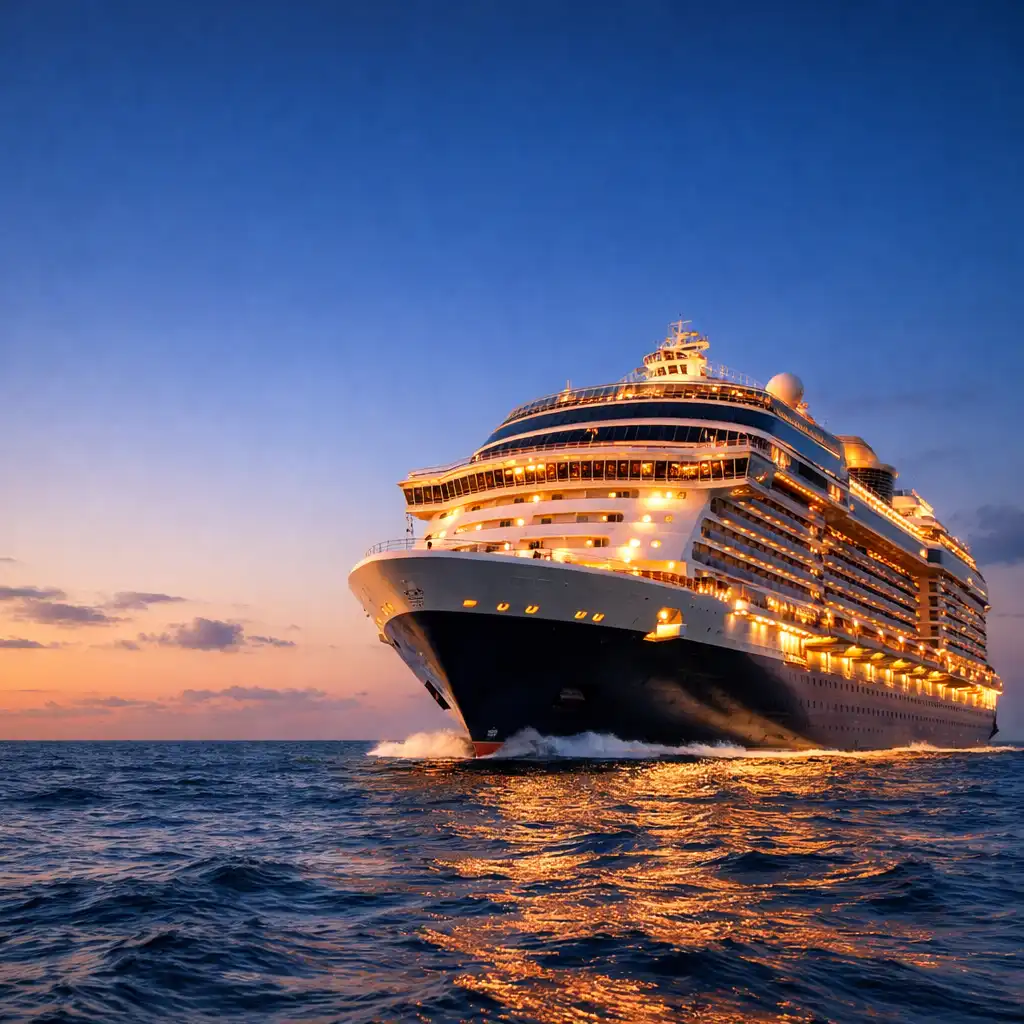 Pacific Aurora cruise ship at sea during golden hour