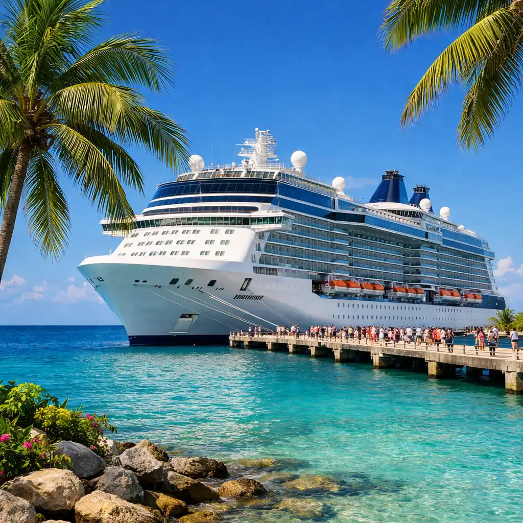 Large cruise ship docked at a tropical port