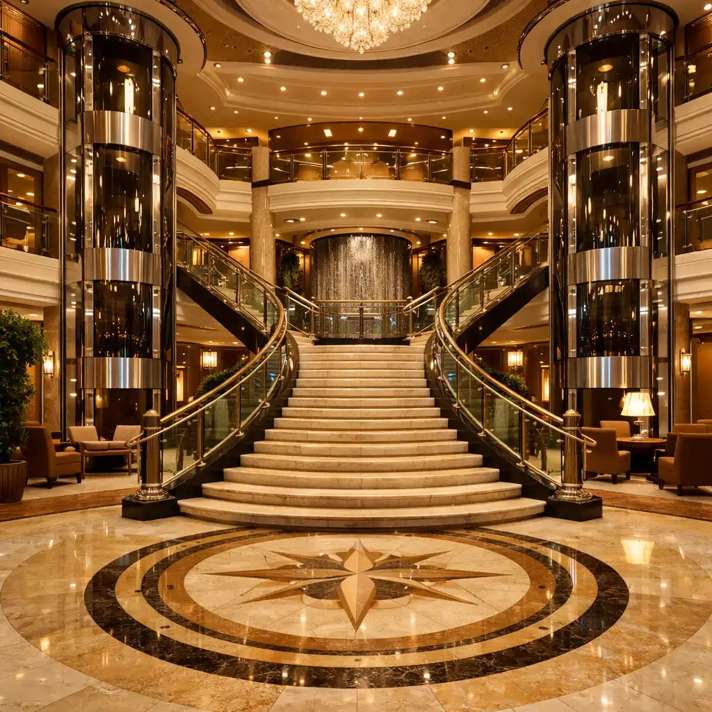 Elegant cruise ship atrium with grand staircase and glass elevators