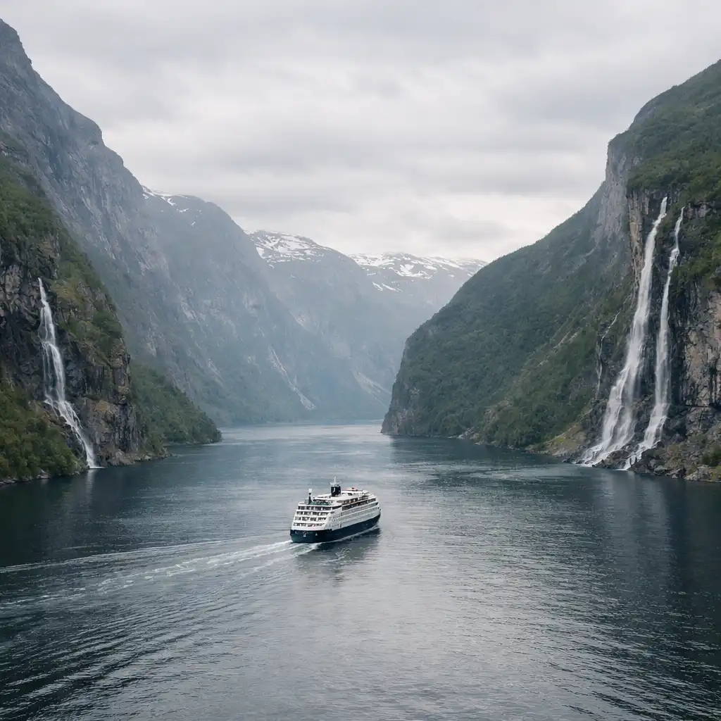 Cruise ship sailing through a scenic fjord with steep cliffs