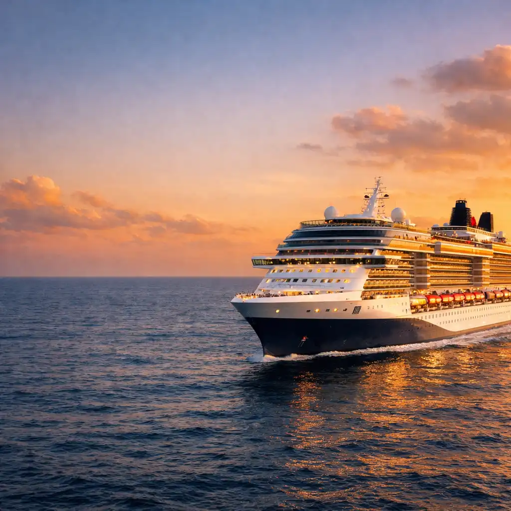 A cruise ship sailing on calm deep blue ocean at golden hour