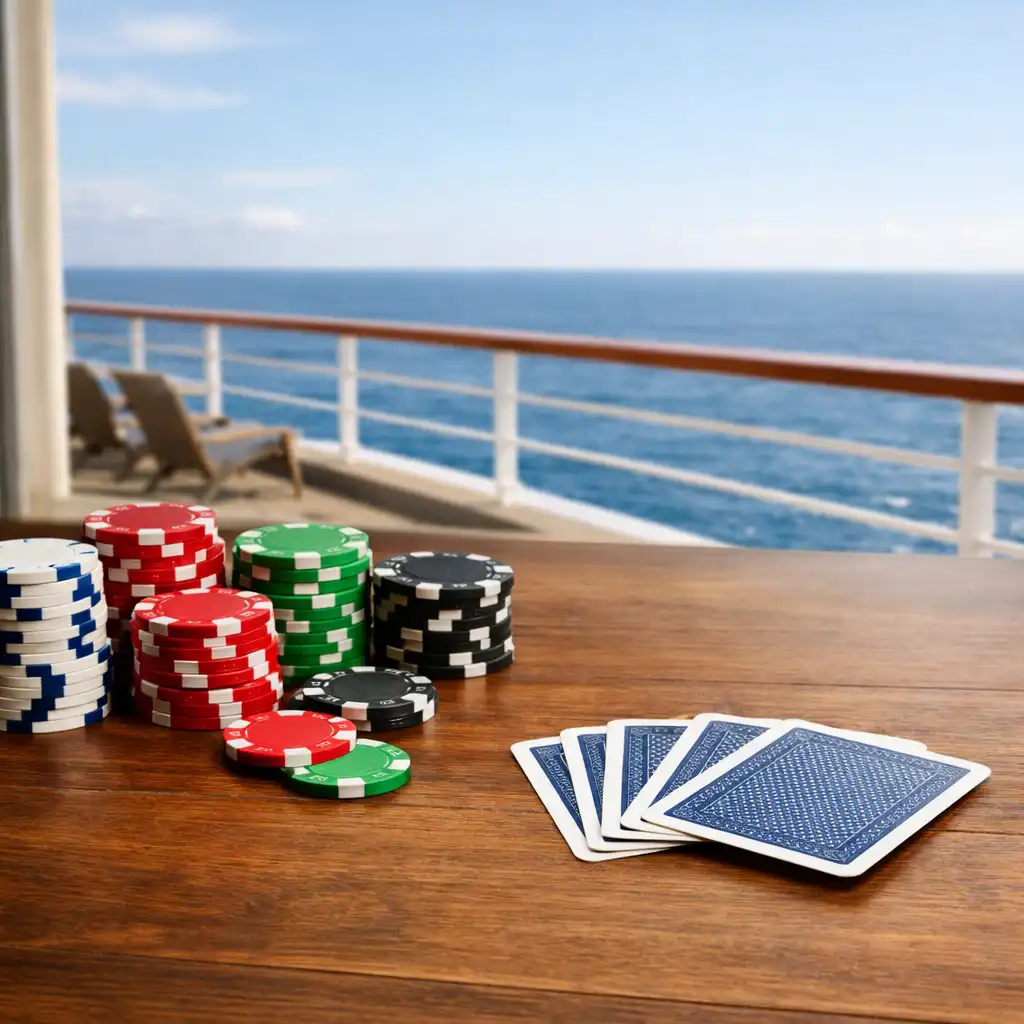 A still life of poker chips and playing cards on a wooden table, with a cruise ship deck and ocean view in the background through a window.