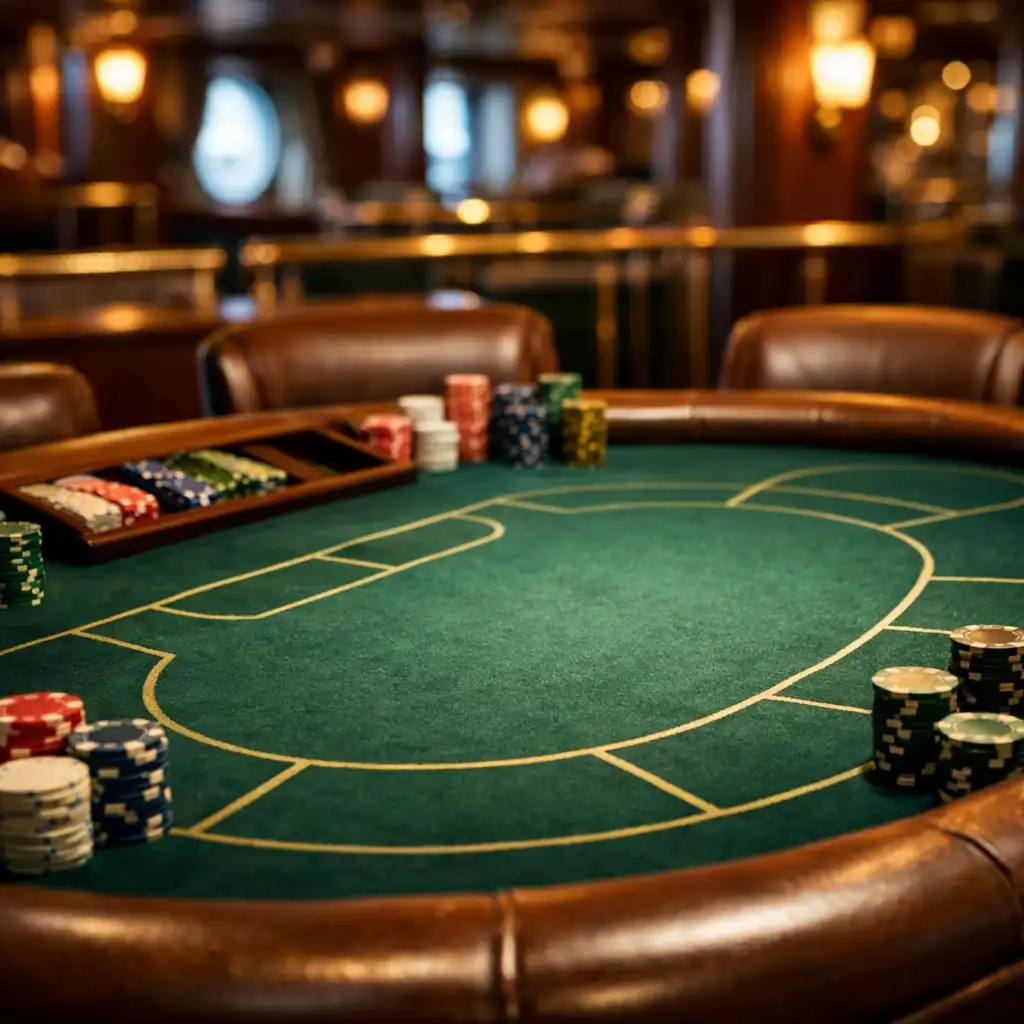 A close-up view of a physical poker table on a cruise ship, showing the green felt surface with betting lines and player positions, surrounded by padded leather armrests.