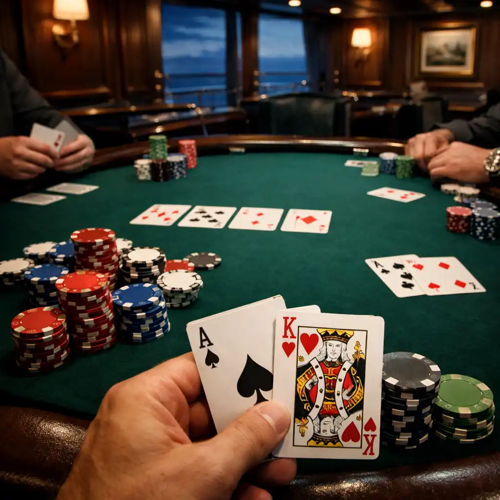A poker table on a cruise ship with players' hands, stacks of chips, and cards being dealt