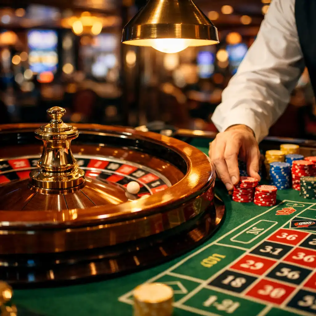 A close-up of a roulette table on a cruise ship with a croupier placing a bet