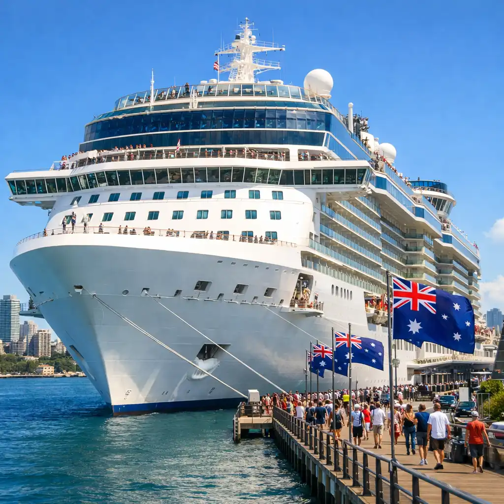 Exterior view of a modern cruise ship docked at a sunny Australian port