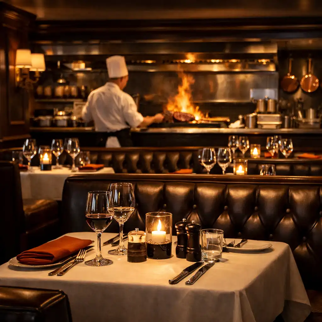 Interior of a specialty steakhouse restaurant on a cruise ship with dark wood panelling, leather booths, and an open kitchen